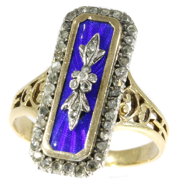 French antique Victorian enameled ring with rose cut diamonds
